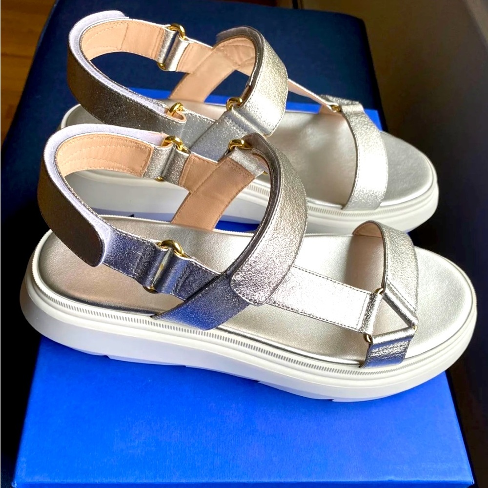 Stuart Weitzman Moxie Silver Sport Sandals Sz 8.5